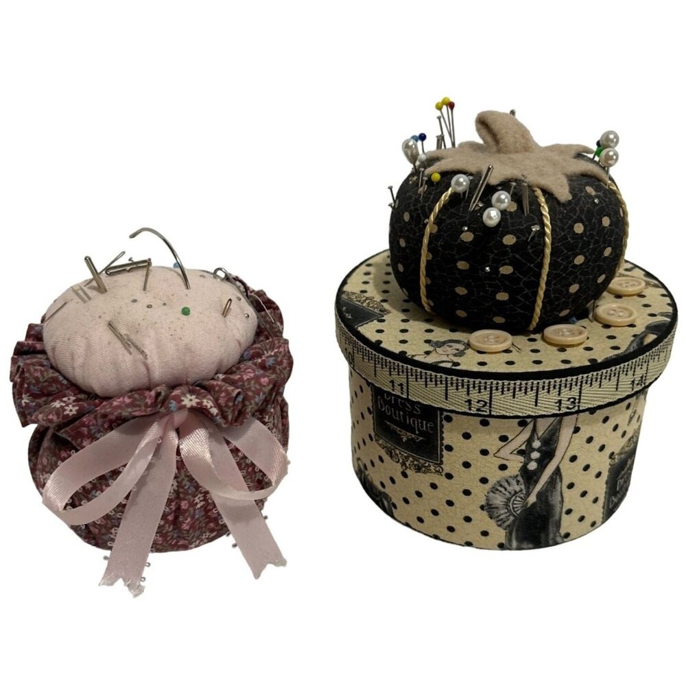 Vintage Handcrafted Pin Cushion Set Sewing Container Decorative Button 2 Piece